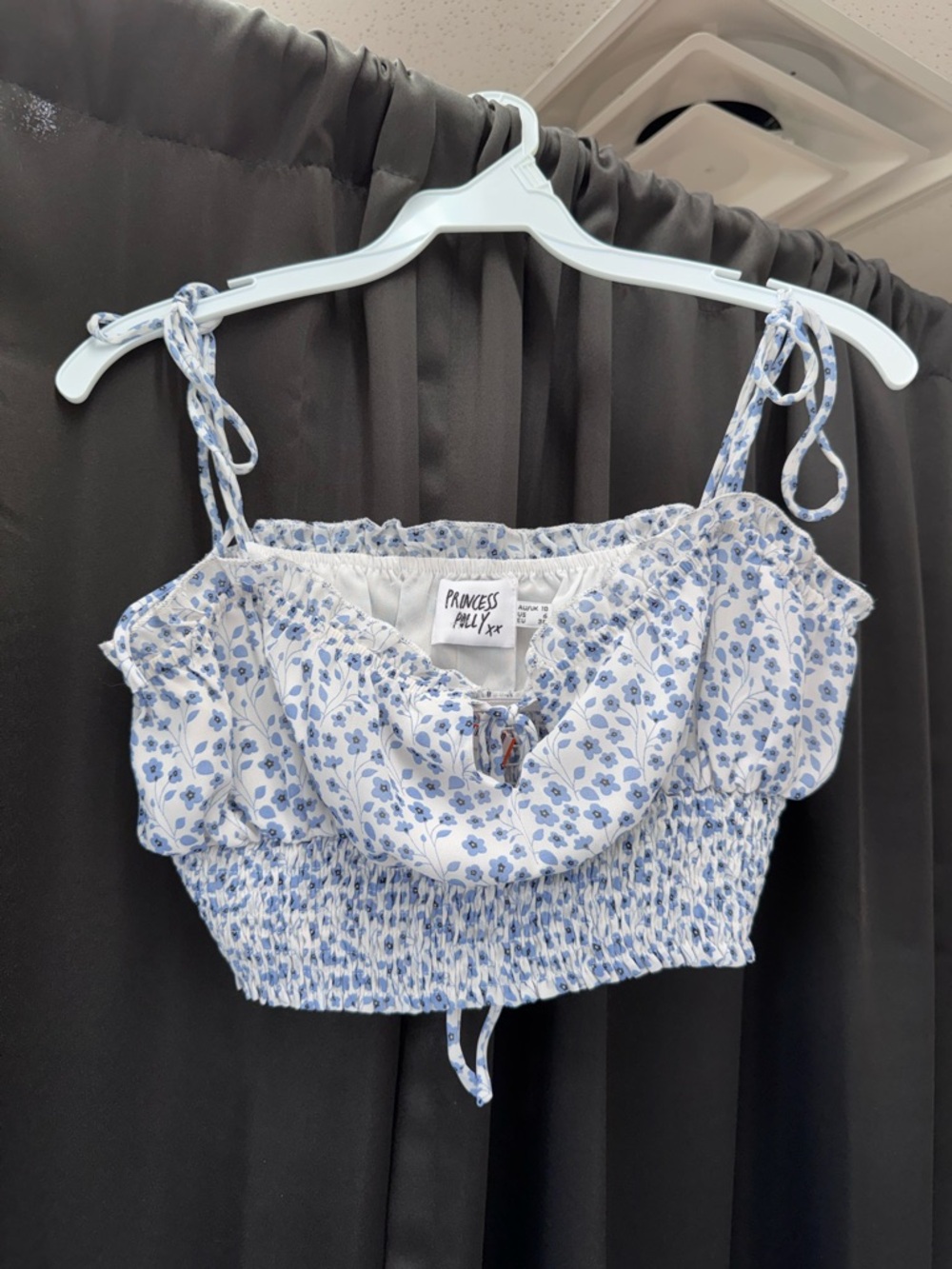 Princess Polly White & Light Blue Floral Smocked Tie-Shoulder Crop Top